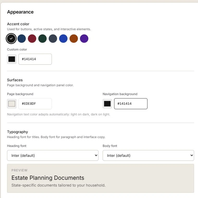 Bancroft appearance settings showing brand colors, fonts and a live preview