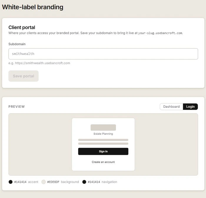 Bancroft client portal branding settings and login preview