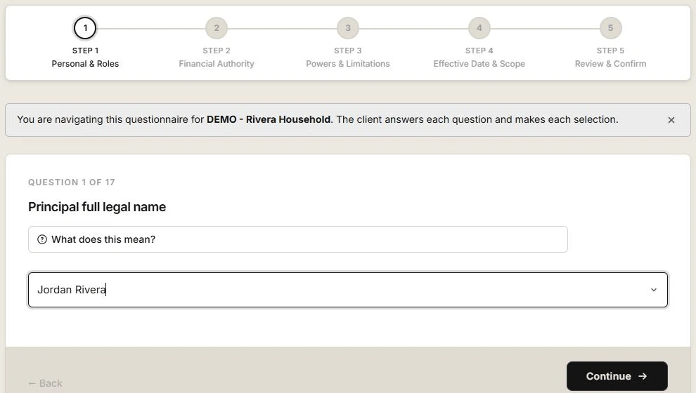 Bancroft intake questionnaire for a fictional demo household